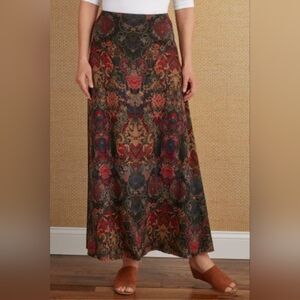 Soft Surroundings Brown Burgundy Red Wine Damask Jersey Knit Maxi Skirt